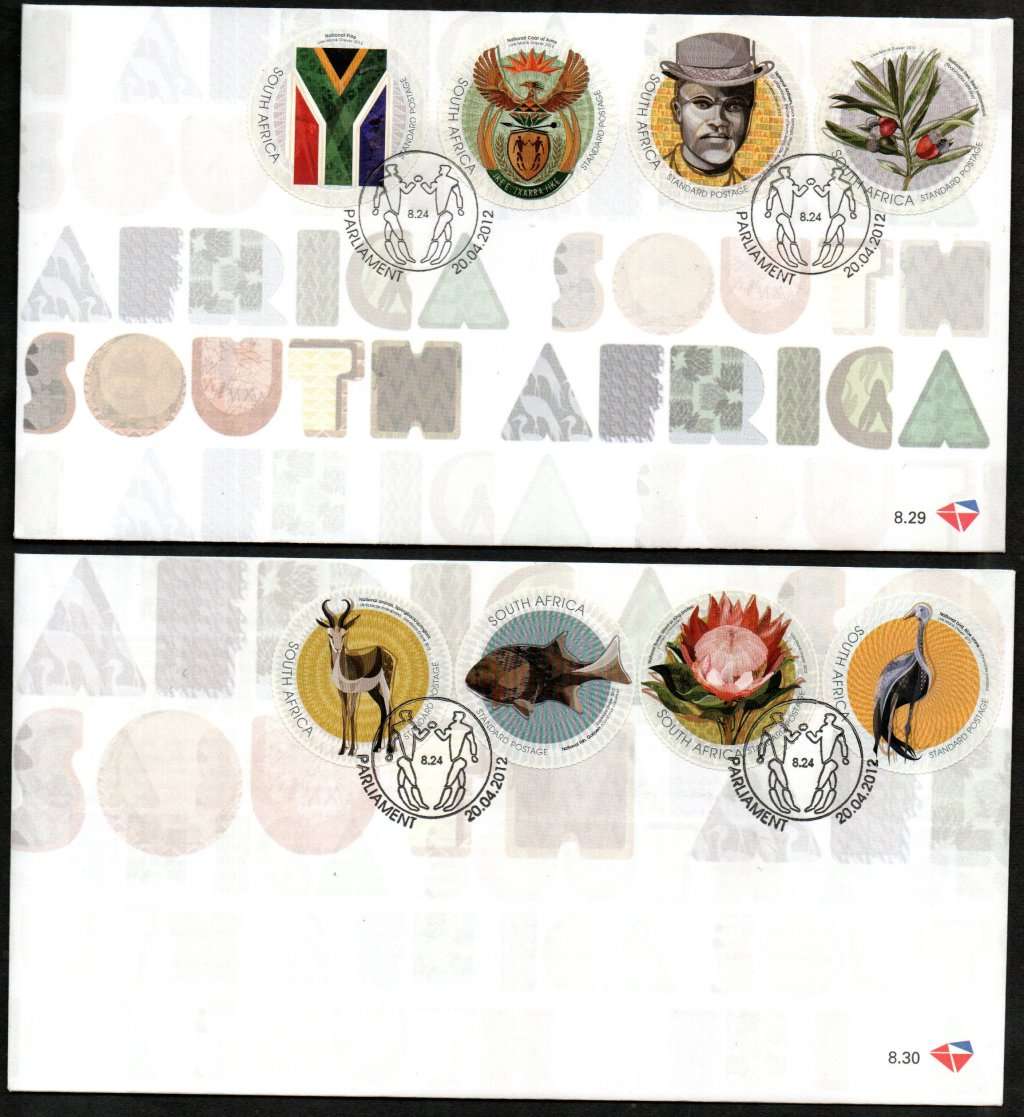 RSA 2012 8 SERIES FIRST DAY COVERS (X4). NOs 8.29 TO 8.32. AS PER SCANS. CLEAN. NICE ITEMS.