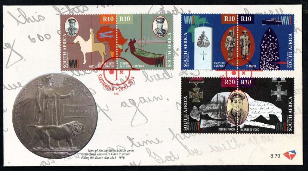 RSA 2014 CENTENARY OF WORLD WAR I FIRST DAY COVER NO 8.70. CV R350. GREAT ITEM.
