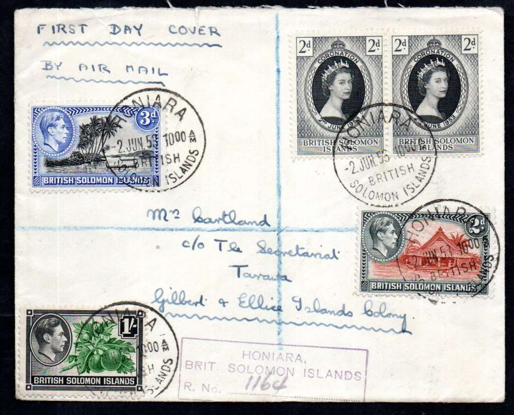 BRITISH SOLOMON ISLANDS 1953 FIRST DAY COVER AIRMAIL COVER TO GILBERT+ELLICE ISLANDS. AS PER SCANS.