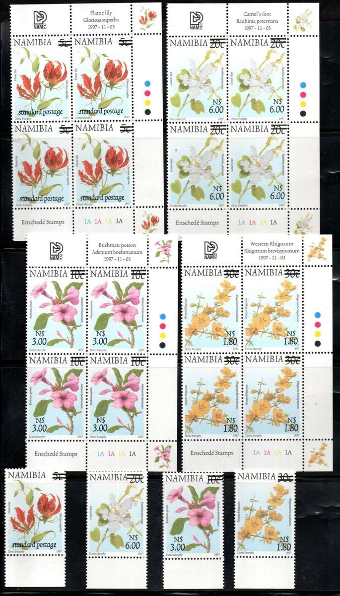 NAMIBIA 2000 DEF ISSUE SURCHARGED SET OF (X4) CONTROL BLKS OF (X4) + SINGLES UMM. CC322-25. CV R650.
