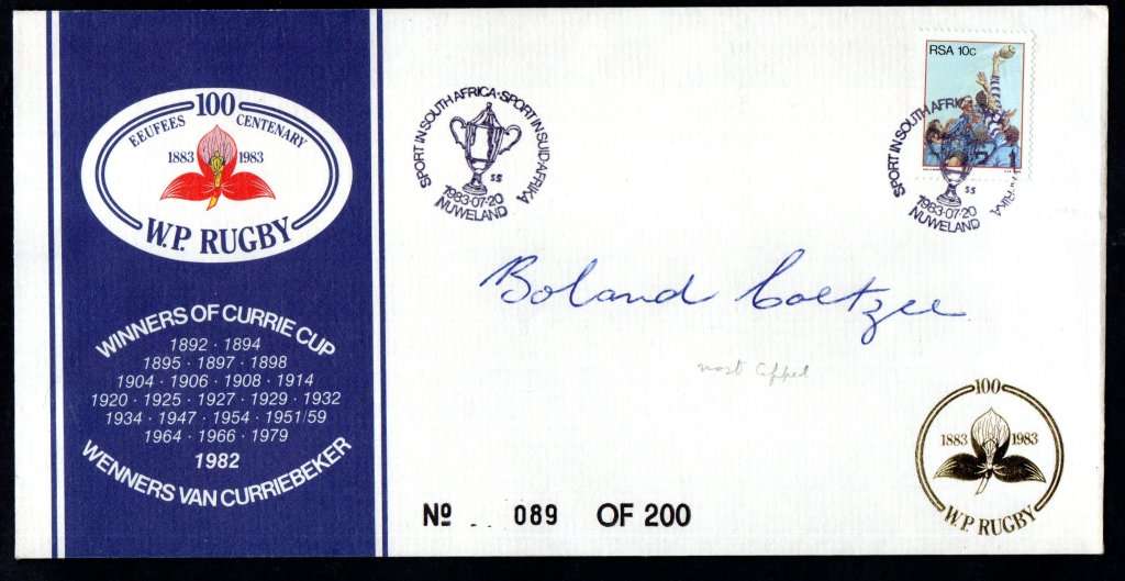 RSA 1983 WESTERN PROVINCE RUGBY CENTENARY COVER SIGNED EX-SPRINGBOK `BOLAND COETZEE`. AS PER SCANS.