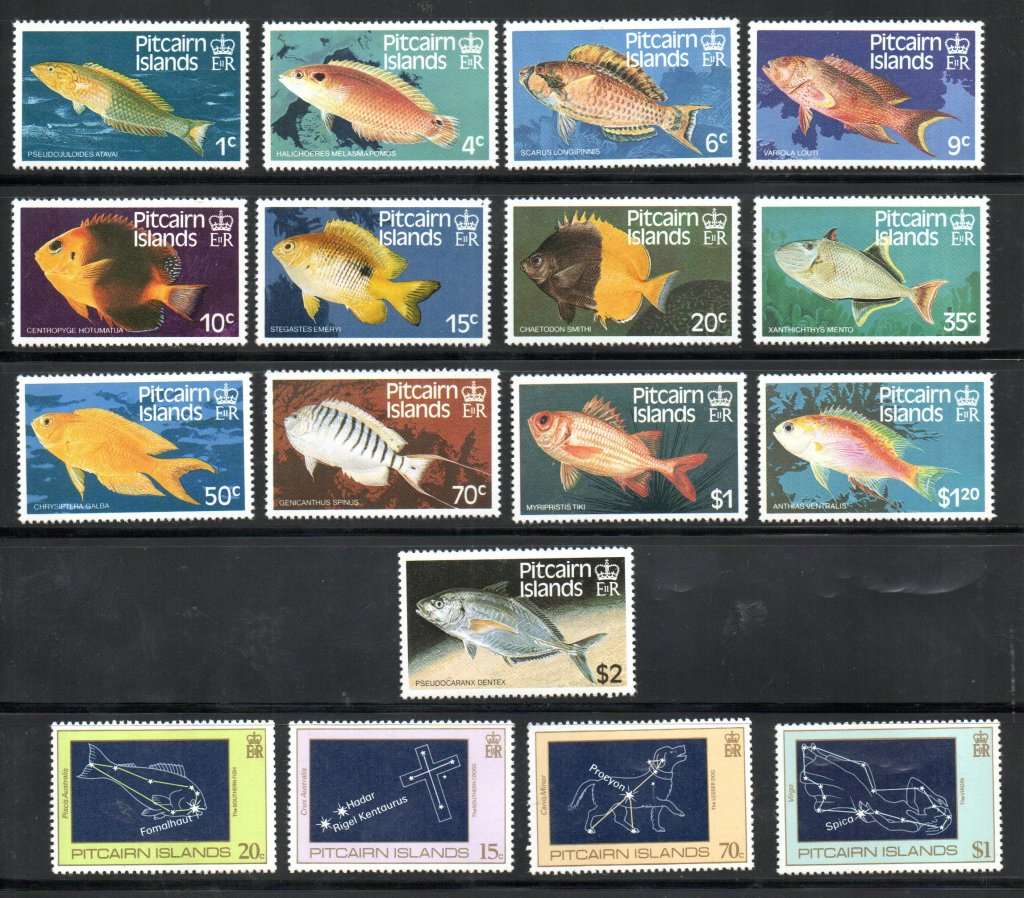 PITCAIRN ISLANDS 1984 FISHES SET TO 2 POUND UMM (NO ADD VALUES) + NIGHT SKY SET SG246/258 + 259/62.