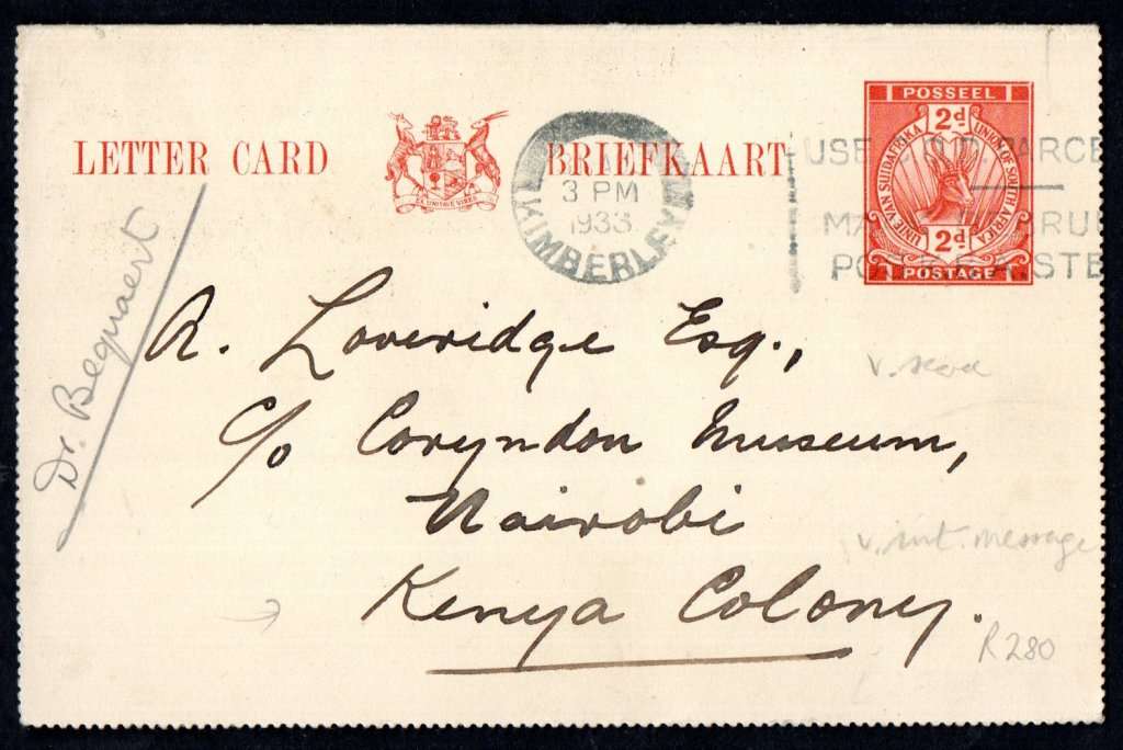 UNION 1933 2d LETTER CARD KIMBERLEY-NAIROBI. INTERESTING MESSAGE RE: FAMOUS ZOOLOGIST DR BEQUAERT.