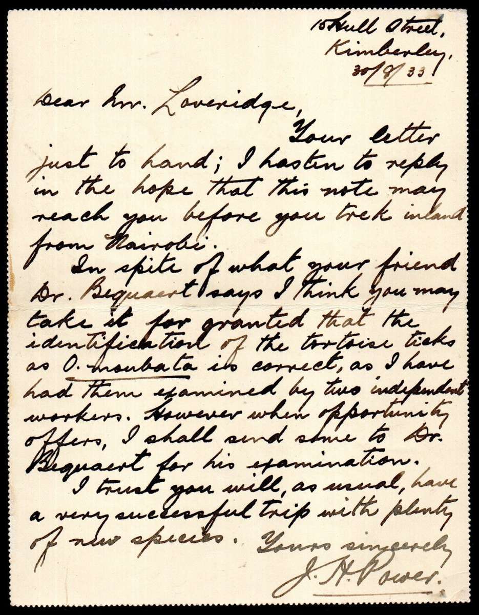 UNION 1933 2d LETTER CARD KIMBERLEY-NAIROBI. INTERESTING MESSAGE RE: FAMOUS ZOOLOGIST DR BEQUAERT.