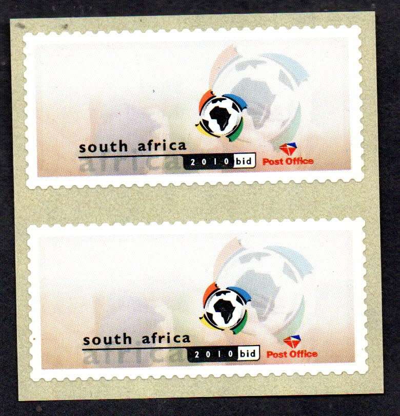 RSA 2010 WORLD CUP BID VIRTUAL `NO FACE VALUE` STAMP VERT PAIR UNUSED SELF-ADHESIVE. AS PER SCANS.