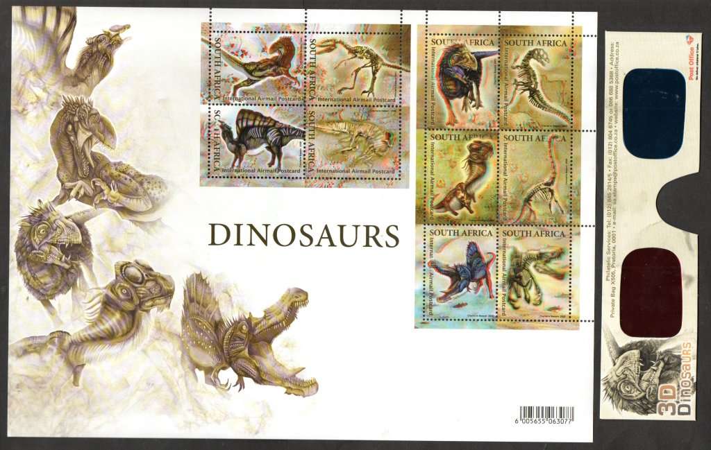 RSA 2009 3-D DINOSAURS SHEETLET OF (X10) UMM + 3D GLASSES + FDCs. SACC1985. AS PER SCANS. CV R560.