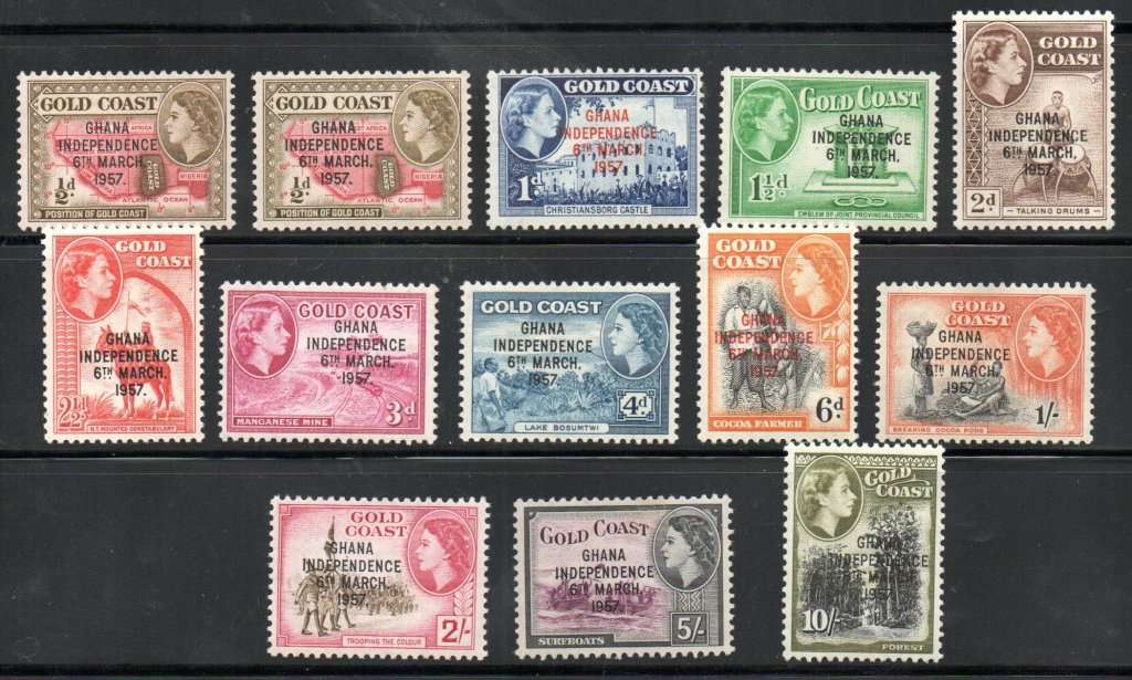 GHANA 1957 INDEPENDENCE OVPT MMINT SET OF (X12) + 1/2d SHADE SG170a. CV GBP 16. LOVELY SET.