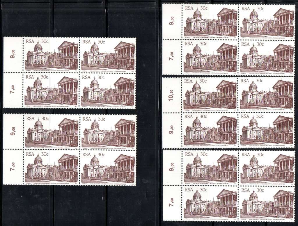 RSA 1982 4TH DEFINITIVE BUILDINGS (X5) 30c BLOCKS OF (X4) UMM ALL WITH "SHAVED 30c". AS PER SCANS.