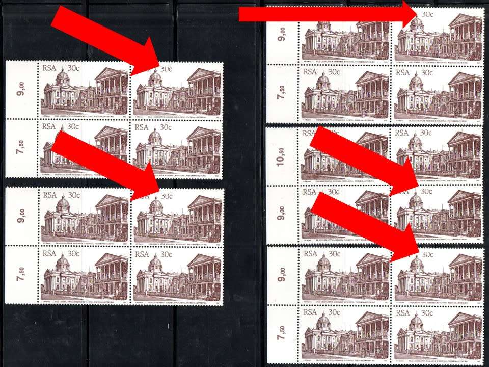 RSA 1982 4TH DEFINITIVE BUILDINGS (X5) 30c BLOCKS OF (X4) UMM ALL WITH "SHAVED 30c". AS PER SCANS.