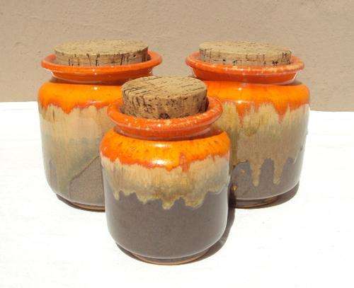3 Pottery Containers with cork lids
