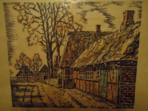 HAND TINTED LINOCUT 40X34CM BY WILHELM VOGT EUROPEAN FRAMED BEHIND GLASS EARLY 20TH CENTURY