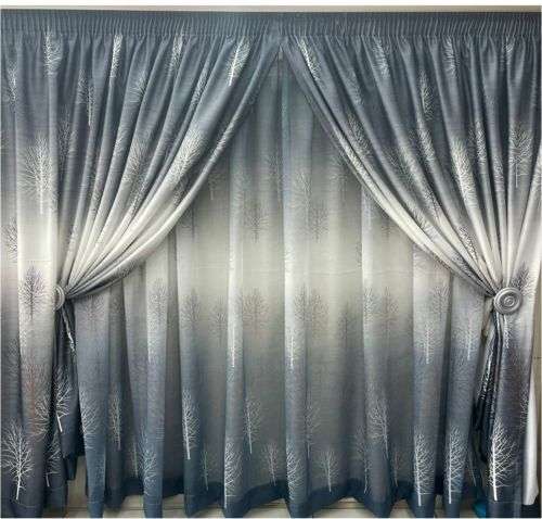 Grey and White Theme Curtain & Lace With Tieback & Hooks