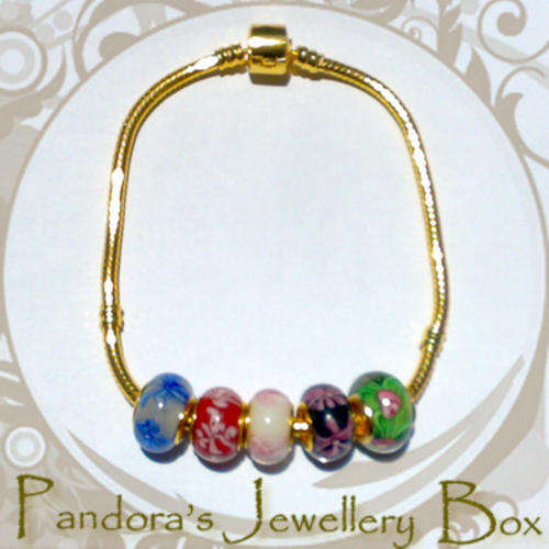 Gold EP PANDORA-Style Bracelet & 5 Gold Core Bead Charms - 23cm