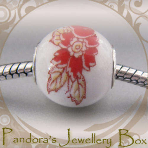 Exquisite HAND-PAINTED PORCELAIN  "PANDORA" stamped Bead Charm with 925 Sterling Silver Cores
