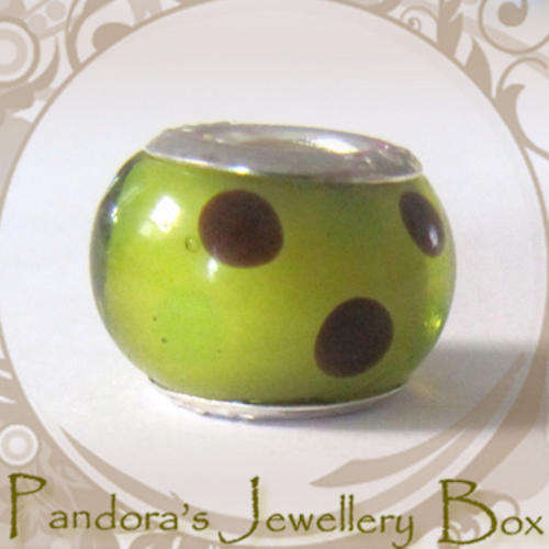 "Earthy Polka-Dots Golden Green" MURANO Bead Charm with Sterling Silver Core for PANDORA Bracelet