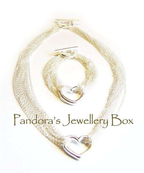 925 Sterling Silver HEART Multi-strings Necklace & Bracelet Set