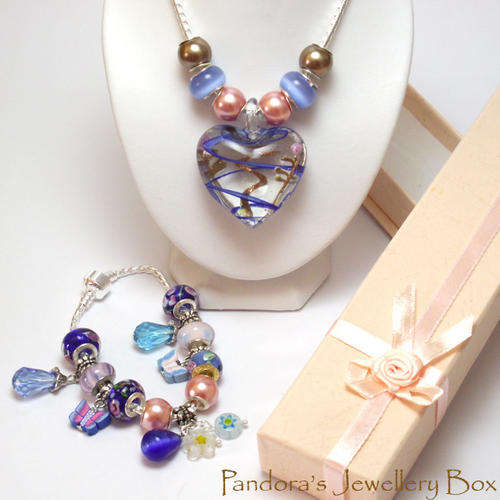 A STUNNING Gift - Murano Necklace and EURO Charm Bracelet Set with 925 Sterling Silver Cores