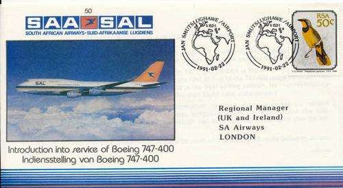 RSA - SAA/SAL FLIGHT COVER (Nr 50) - "INTRODUCTION OF BOEING 747-400" - (SIGNED AT THE BACK) - BELOW