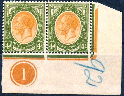 SA UNION - 1913 -  KINGS HEADS - 4d CONTROL PLATE PAIR - HINGED MINT - VIEW BELOW - CV= R250.00!