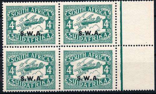 SWA - AIRMAIL MARGINAL BLOCK OF FOUR OVERPRINT - 3 STAMPS ARE HINGED - NICE ITEM - VIEW BELOW