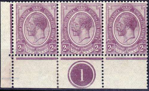 SA UNION - 1913 - KGV - 2d TRIPLET CONTROLS - "REVERSED PERFORATION"!! - SCARCE - CV=R 900.00!!