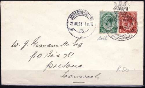 SA UNION - KINGS HEADS (COIL) ON COVER - SPECIAL CANCEL - ROYAL TOUR 1925 - VIEW BELOW