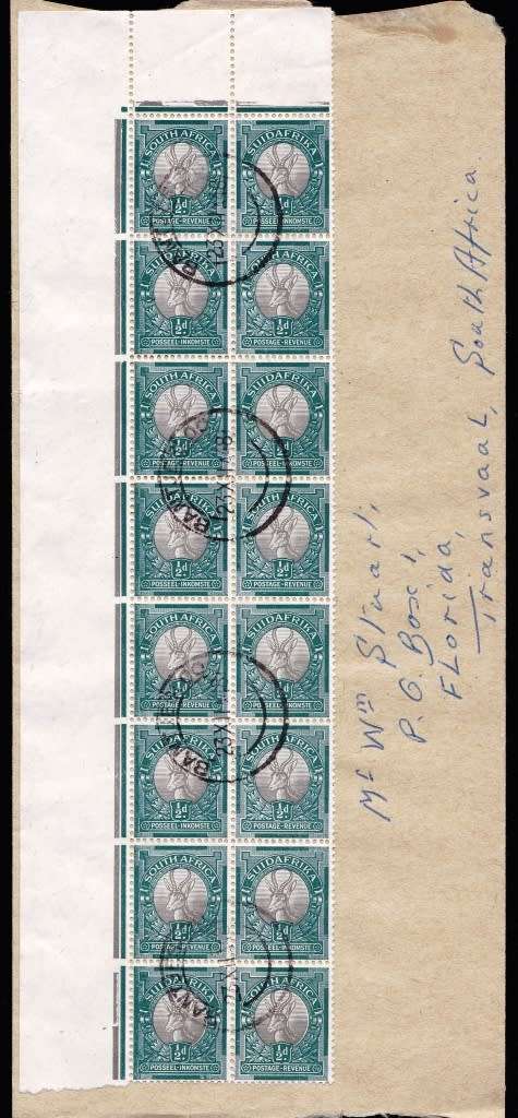 UNION 1948 COVER FRANKED 1/2d ECONOMY PRINTING - CORNER BLOCK OF 16 - BANTJESLOO CANCELS. SACC125