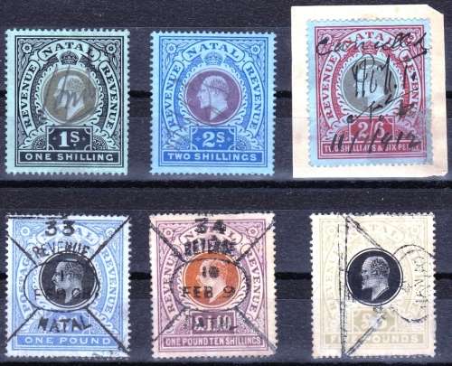 NATAL - KEVII - 1 SHILLING TO 5 POUNDS - REVENUE STAMPS - BAREFOOT VALUE = R 620.00 - VIEW BELOW