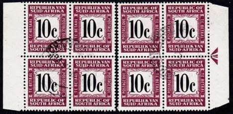RSA - 10c POSTAL DUES - 2 MARGINAL BLOCKS OF 4 - FINE USED - CV = R 560.00 - VIEW BELOW - (X)