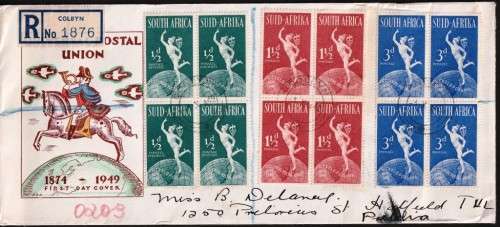 SA UNION - 1949 - UPU - BLOCKS OF 4 ON OFFICIAL FD COVER - CV  R 200.00 - VIEW BELOW - (X)