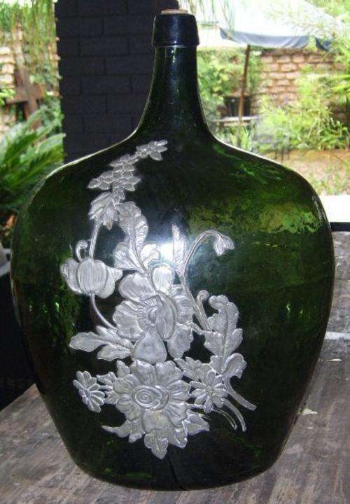 NEVER TO BE REPEATED BARGAIN!!! GREEN GLASS DEMIJOHN WITH PEWTER WORK DECORATION