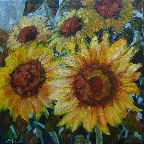 Special !!! Bids start with R1.00 !!! Acrylic Painting by Joy Clark "Sunflowers in the Breeze"