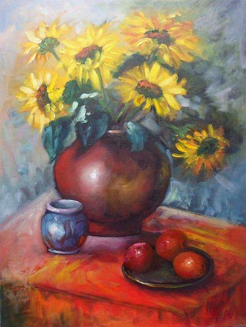 "Sunflowers in Earthenware Pot" Oil Painting by Joy Clark 45 x 60cm