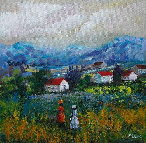 Crazy Special...!!!  Acrylic painting by Joy Clark "Chatting" 25 x 25 x 1.5cm - Ready to Hang