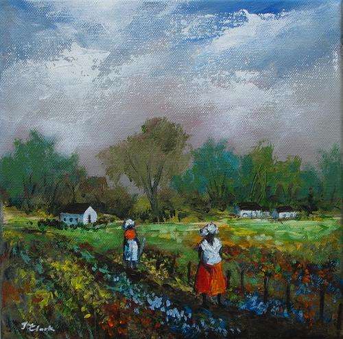 Crazy Special...!!!  Acrylic painting by Joy Clark "Off to Work" 25 x 25 x 1.5cm - Ready to Hang
