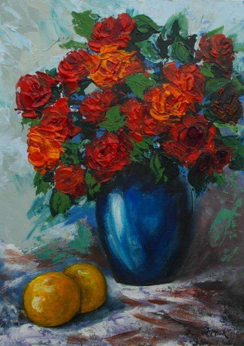 CRAZY SPECIAL...!!! "Roses in Blue Vase" Acrylic Painting by Joy Clark 25 x 36cm