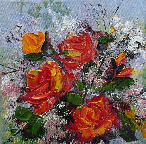 Crazy Special...!!!  Acrylic painting by Joy Clark "Roses in the Garden 03" READY TO HANG 15 x 15cm