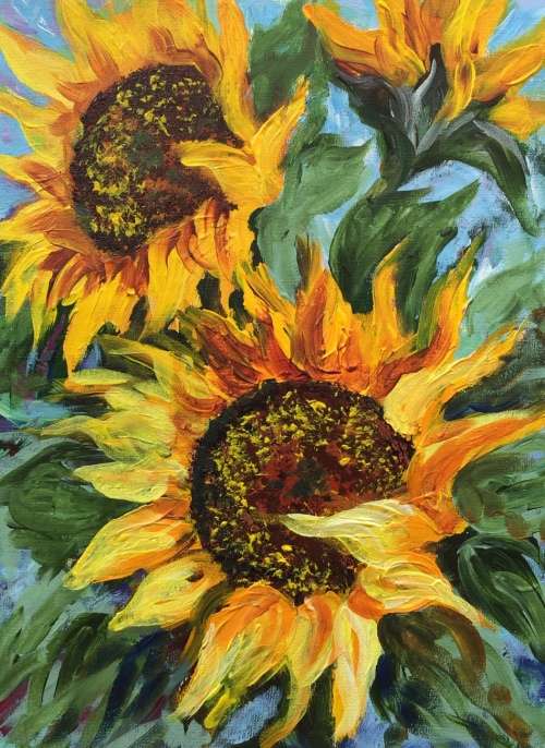A beautiful floral Original Painting by S.A. Artist, Joy Clark "Sunflowers in my Garden"