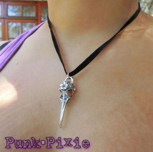 Gothic / pagan bird skull velvet necklace