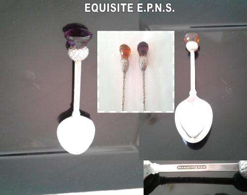 * TWO LOVELY OLD EXQUISITE EPNS SILVER PLATED DEMITASSE TEASPOONS WITH PURPLE AND AMBER TIPS *