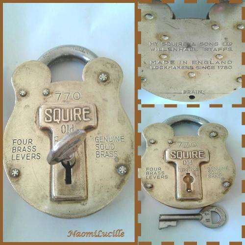 VINTAGE GENUINE SOLID BRASS SQUIRE OLD ENGHLISH RANGE NO 770 PADLOCK - FORGED STEEL SHACKLE AND KEY
