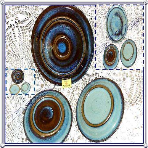*****STUNNING - COBALT BLUE/POWDER BLUE/BROWNS, LARGE AND VERY HEAVY! STONEWARE TRIO PLATES ***