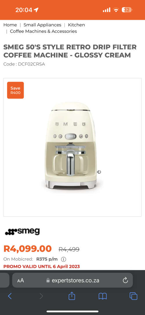 Smeg 50`s Retro Style Filter Coffee Machine - Glossy Cream
