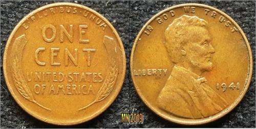 United States 1 Cent `Lincoln - Wheat Ears Reverse` - 1941