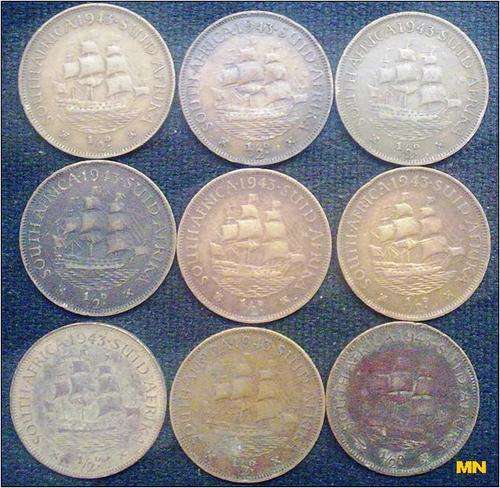 1943 SAU half pennies. 1/2D. ( 9 available to use as fillers. F grade)