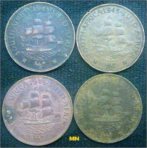 1945 SAU half pennies. 1/2D. (4 available to use as fillers. F grade)