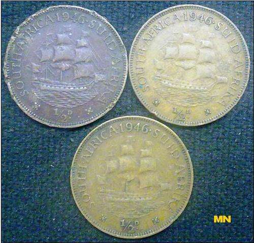 1946 SAU half pennies. 1/2D. (3 available to use as fillers. F grade)