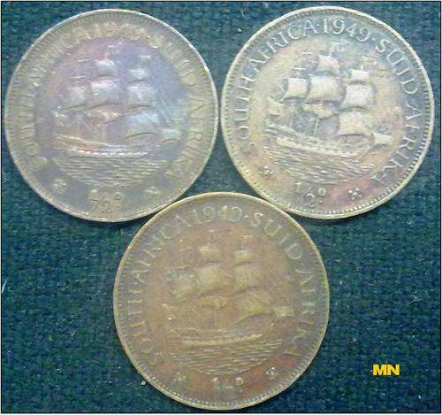 1949 SAU half pennies. 1/2D. ( 3 available to use as fillers. F grade)