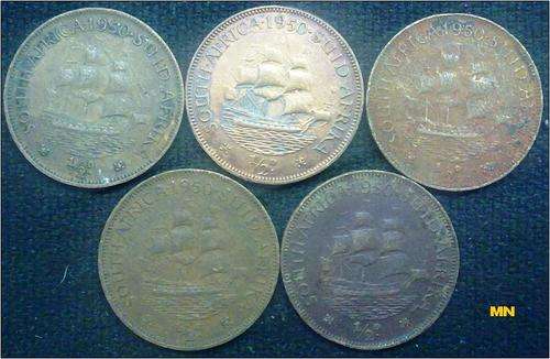 1950 SAU half pennies. 1/2D. ( 5 available to use as fillers. F grade)