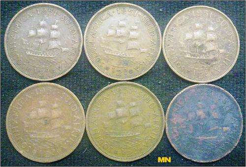 1951 SAU half pennies. 1/2D. ( 6 available to use as fillers. F grade)